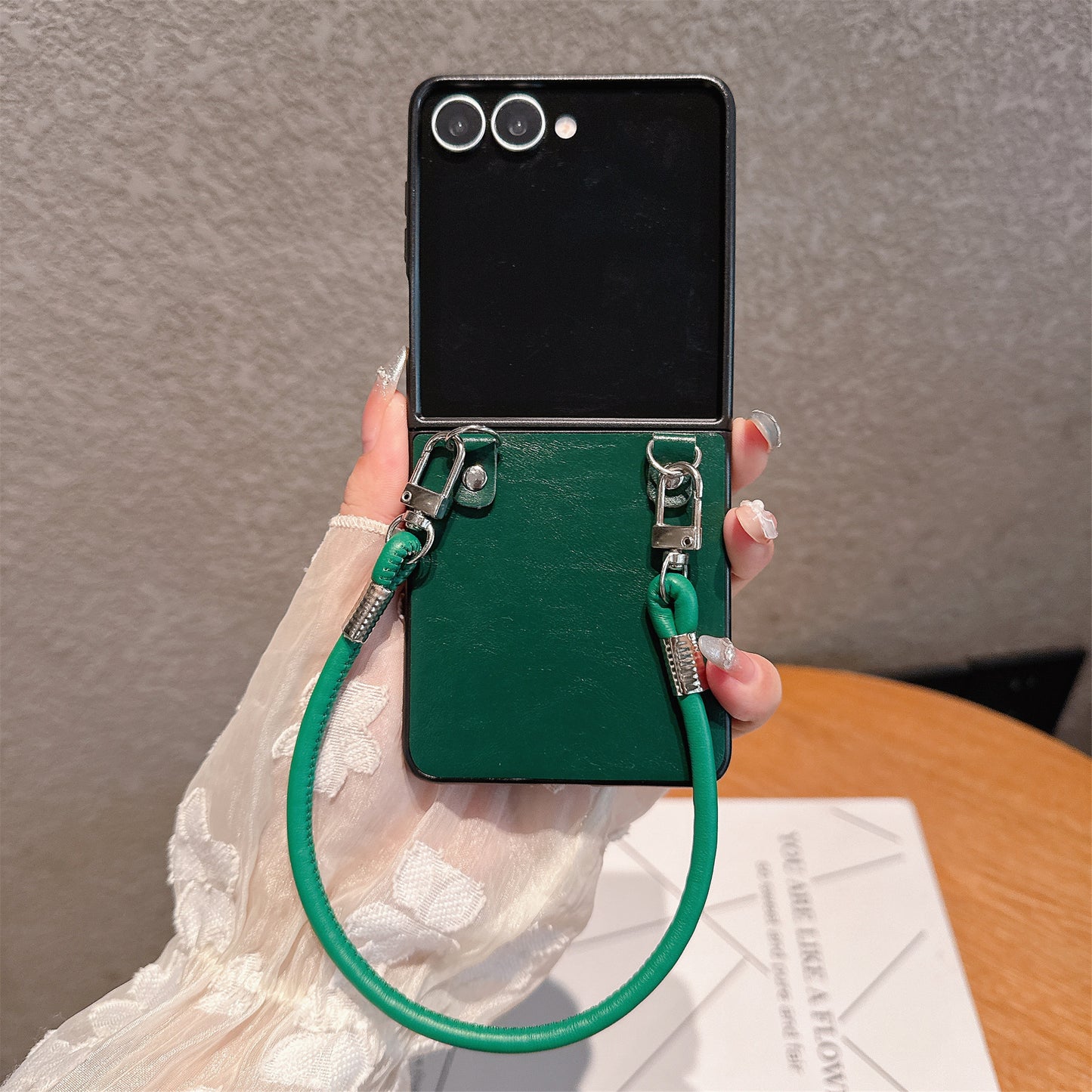 Chic Glossy Leather Z Flip Case with Wrist Strap