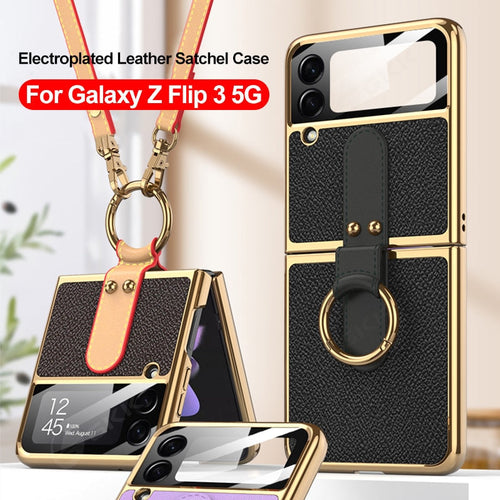 Luxury Leather Back Screen Tempered Glass Hard Frame Cover For Samsung Z Flip 4 5G With Lanyard