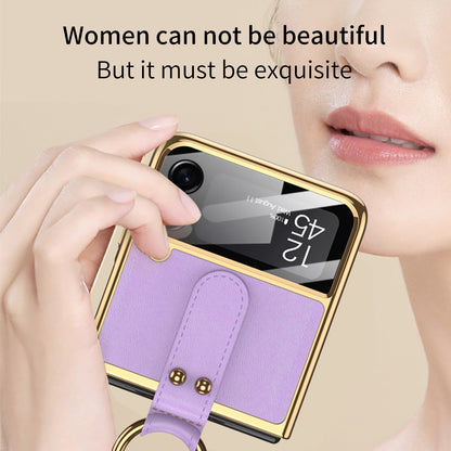 Luxury Leather Back Screen Tempered Glass Hard Frame Cover For Samsung Z Flip 4 5G With Lanyard