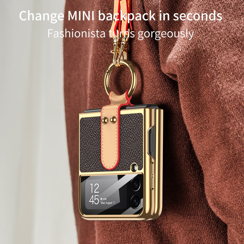 Luxury Leather Back Screen Tempered Glass Hard Frame Cover For Samsung Z Flip 4 5G With Lanyard