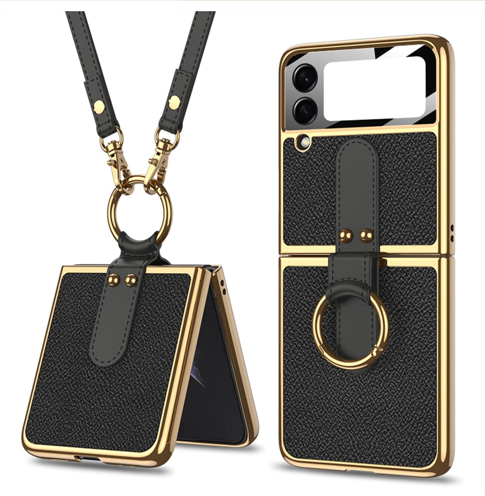 Luxury Leather Back Screen Tempered Glass Hard Frame Cover For Samsung Z Flip 4 5G With Lanyard