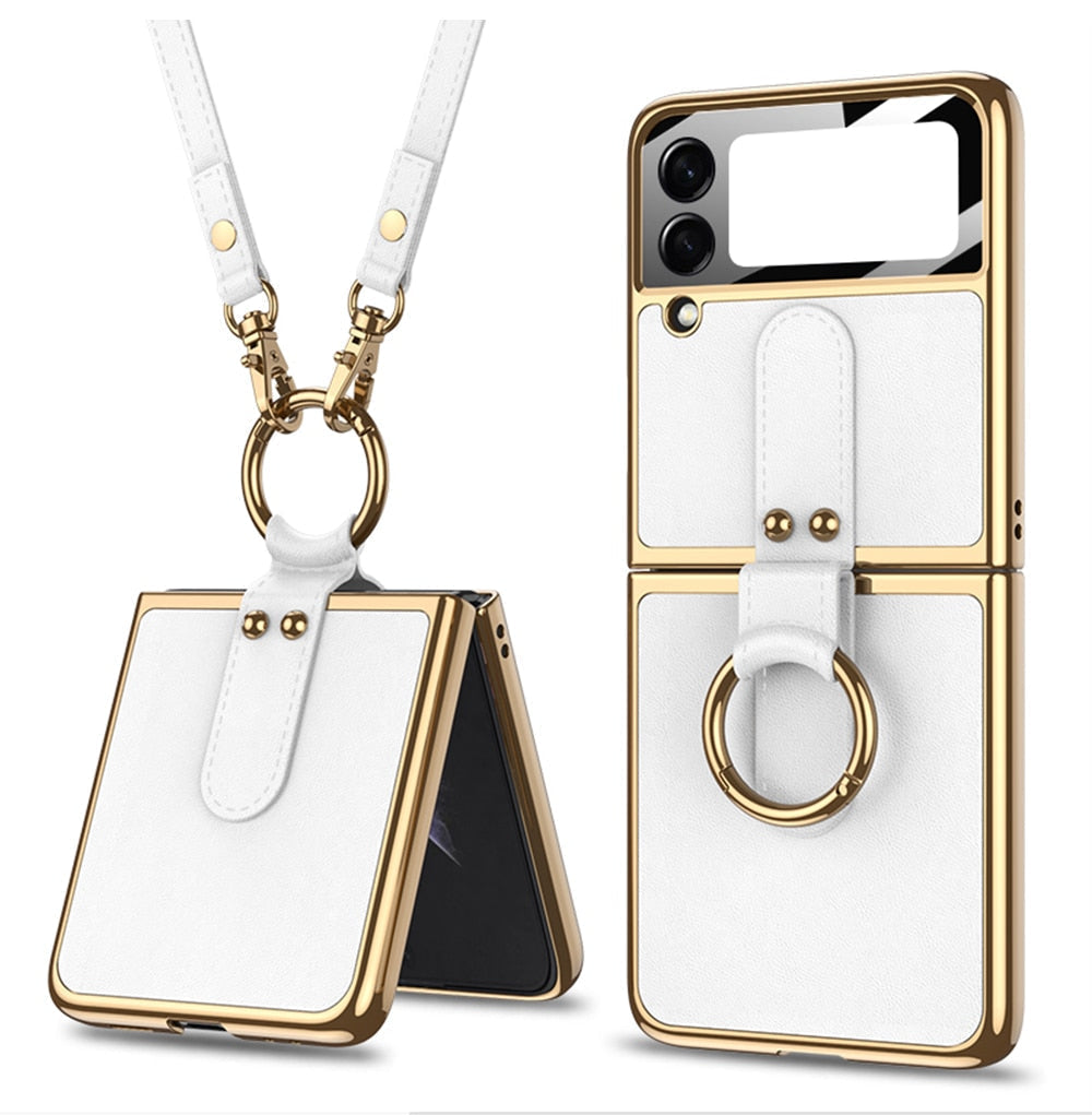 Luxury Leather Back Screen Tempered Glass Hard Frame Cover For Samsung Z Flip 4 5G With Lanyard