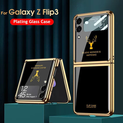 Luxury Deer Pattern Electroplating Tempered Glass Case For Samsung Z Flip 4 5G