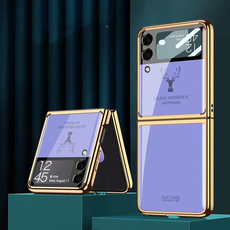 Luxury Deer Pattern Electroplating Tempered Glass Case For Samsung Z Flip 4 5G