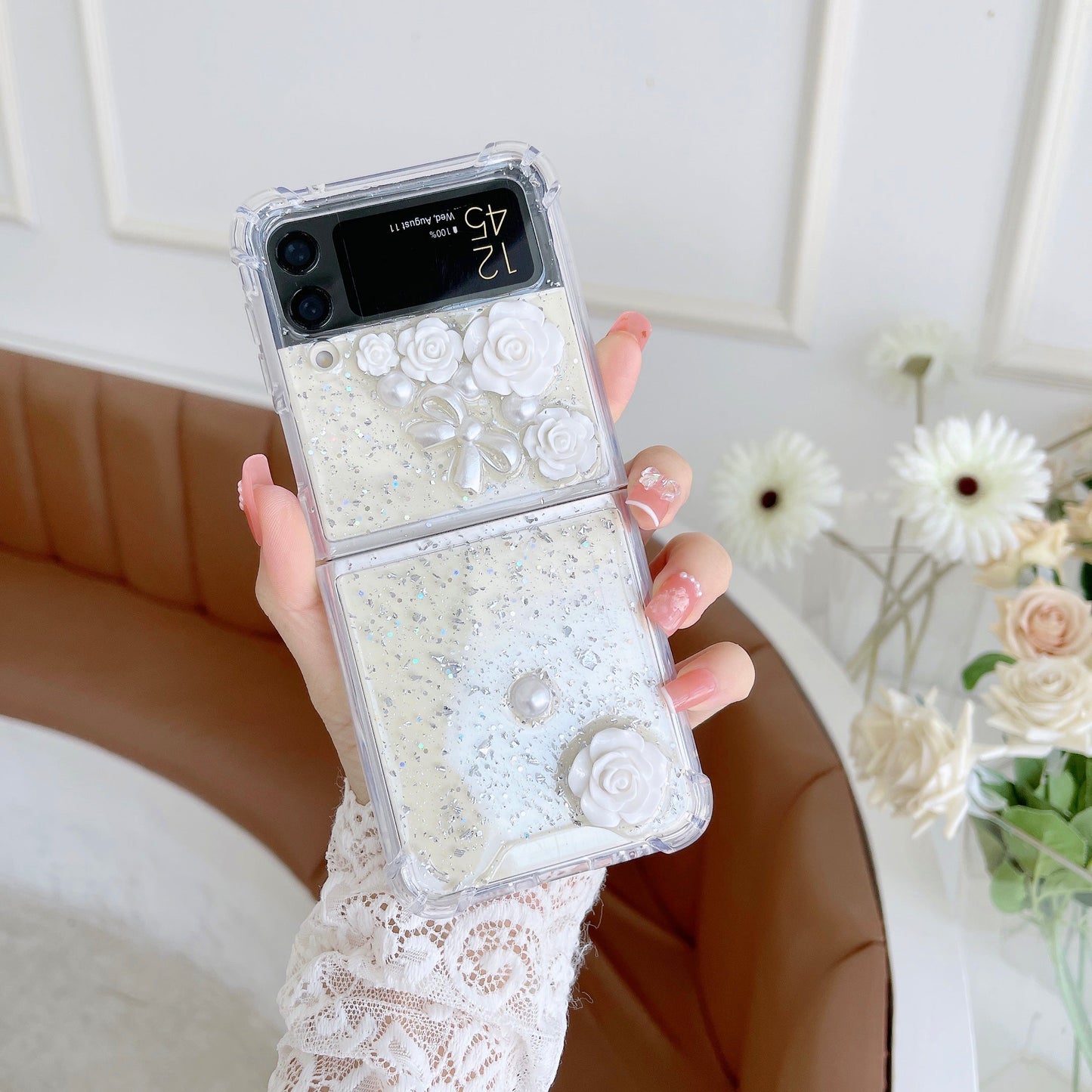 Transparent 3D Rose Glitter Case For Galaxy Z Flip 4