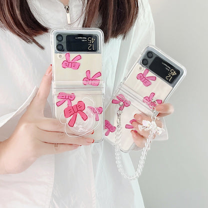 Transparent Pink Bow With Bracelet Case For Galaxy Z FLIP 4 5G