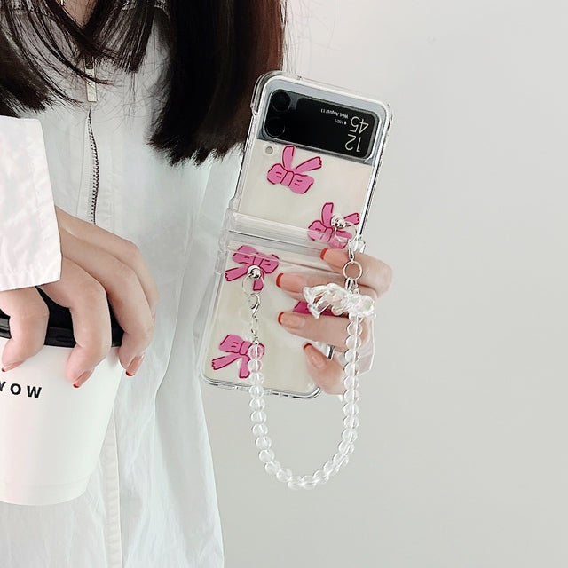 Transparent Pink Bow With Bracelet Case For Galaxy Z FLIP 4 5G