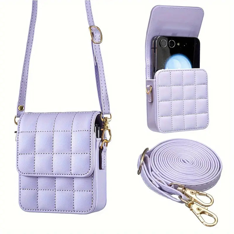 Luxury Crossbody Phone Bag for Samsung Galaxy Z Flip Series – Quilted PU Leather Case with Shoulder Strap