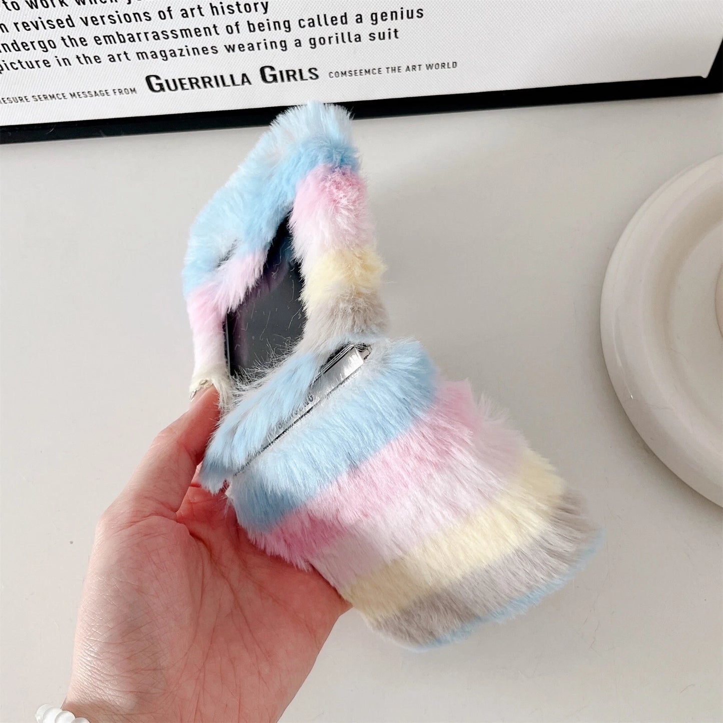 Cute Fluffy Fur Rainbow Pattern Unbreakable Case for Samsung Galaxy Z Flip 4 / 5 / 6 / 7