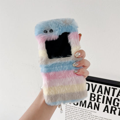 Cute Fluffy Fur Rainbow Pattern Unbreakable Case for Samsung Galaxy Z Flip 4 / 5 / 6 / 7