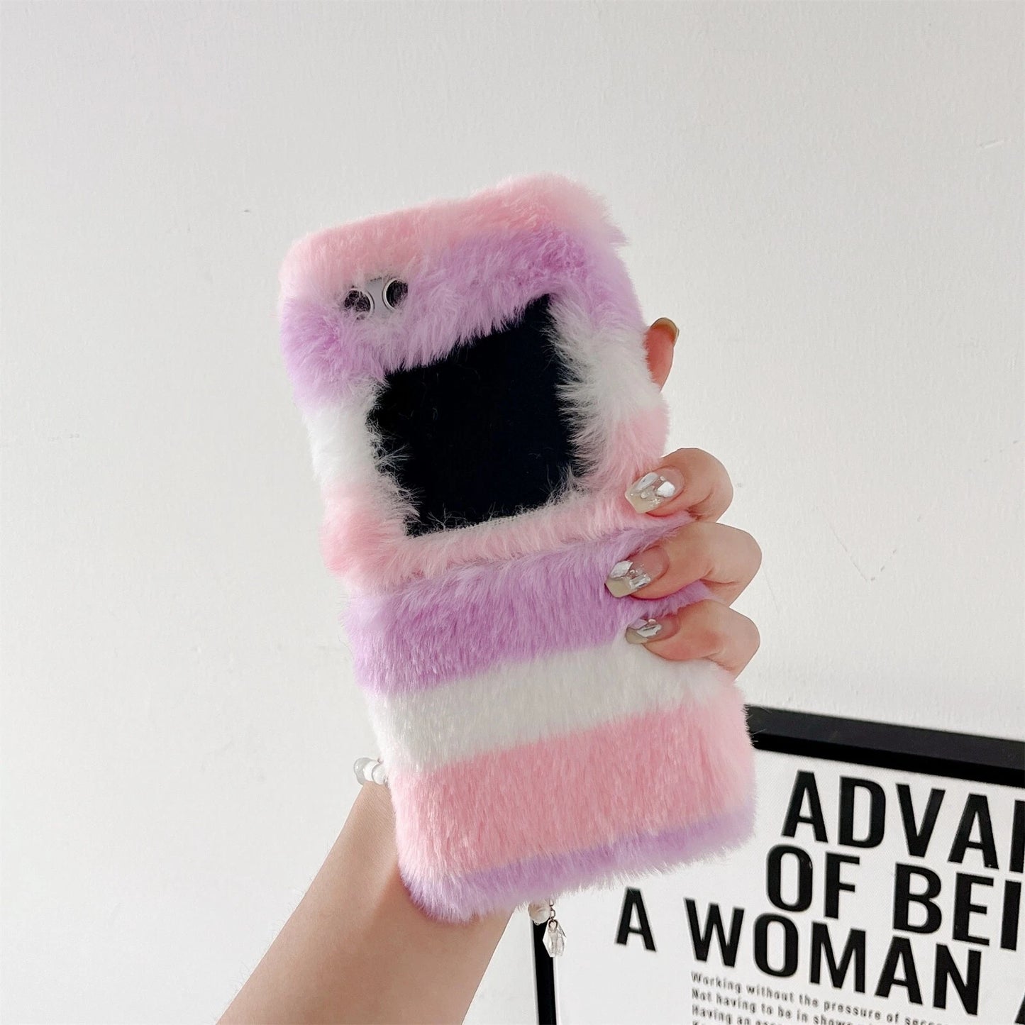 Cute Fluffy Fur Rainbow Pattern Unbreakable Case for Samsung Galaxy Z Flip 4 / 5 / 6 / 7