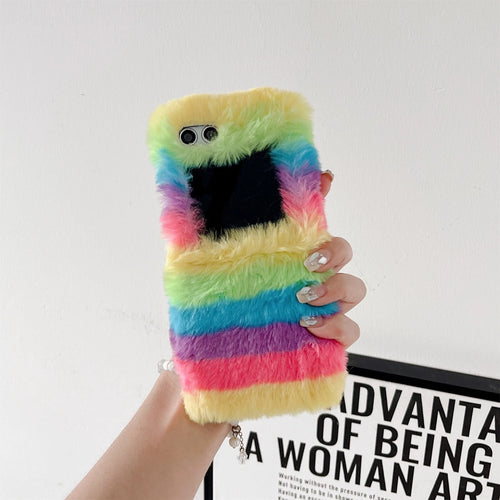 Cute Fluffy Fur Rainbow Pattern Unbreakable Case for Samsung Galaxy Z Flip 4 / 5 / 6 / 7