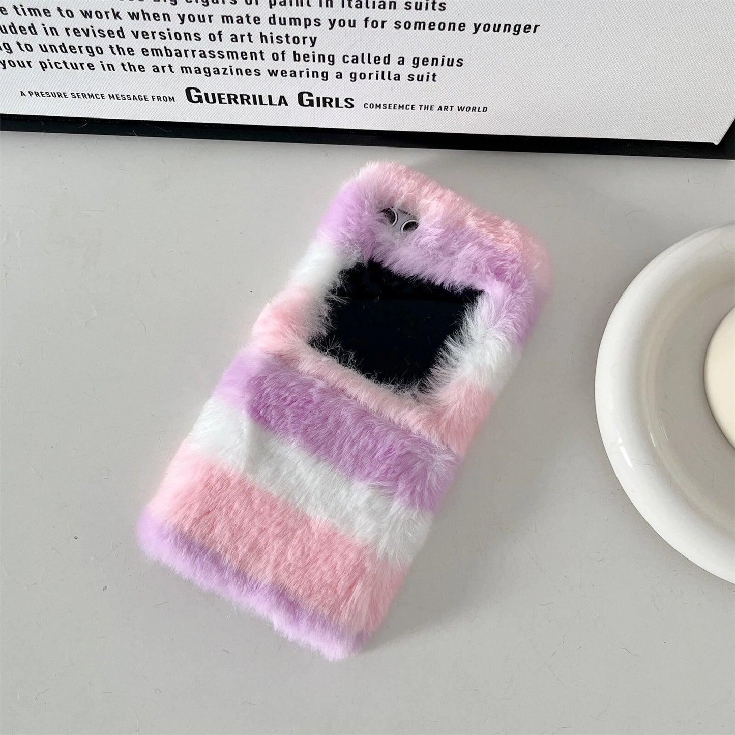 Cute Fluffy Fur Rainbow Pattern Unbreakable Case for Samsung Galaxy Z Flip 4 / 5 / 6 / 7