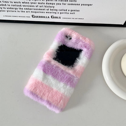 Cute Fluffy Fur Rainbow Pattern Unbreakable Case for Samsung Galaxy Z Flip 4 / 5 / 6 / 7