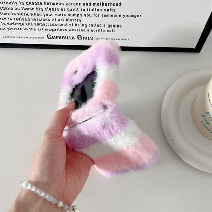 Cute Fluffy Fur Rainbow Pattern Unbreakable Case for Samsung Galaxy Z Flip 4 / 5 / 6 / 7
