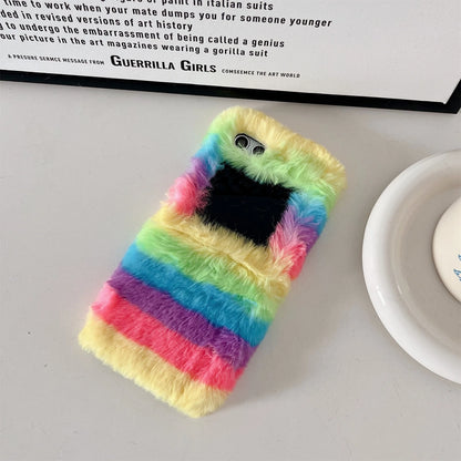 Cute Fluffy Fur Rainbow Pattern Unbreakable Case for Samsung Galaxy Z Flip 4 / 5 / 6 / 7