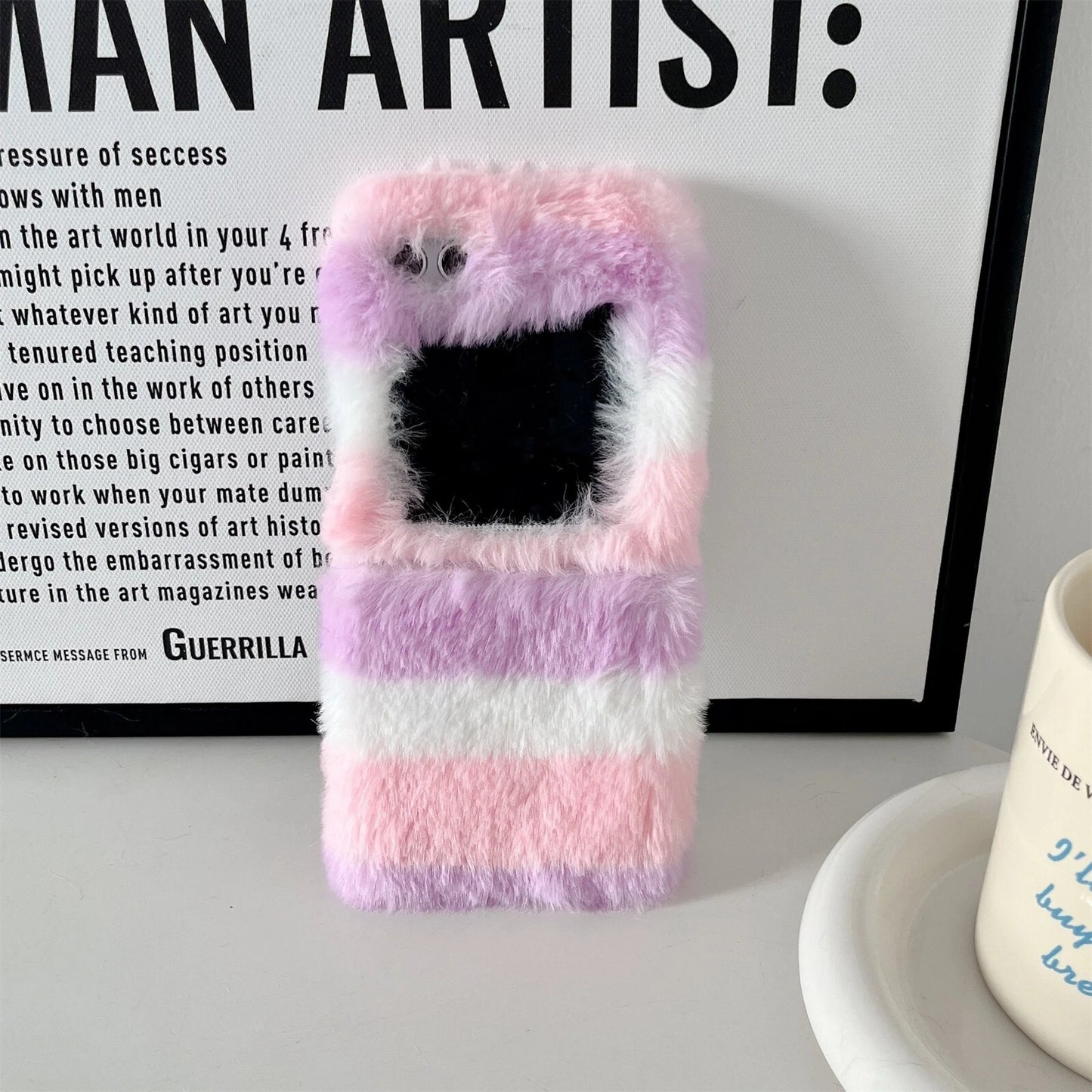 Cute Fluffy Fur Rainbow Pattern Unbreakable Case for Samsung Galaxy Z Flip 4 / 5 / 6 / 7