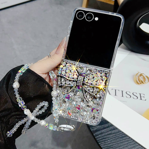 Glitter Diamond Bow Chain Phone Case for Samsung Z Flip 7/6/5/4